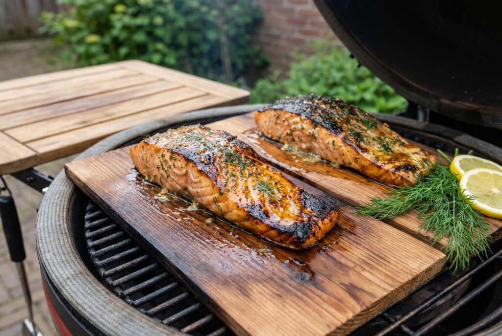 Zalm op cederhouten plank