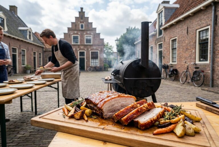 Buikspek langzaam garen op de BBQ voor extra smaak