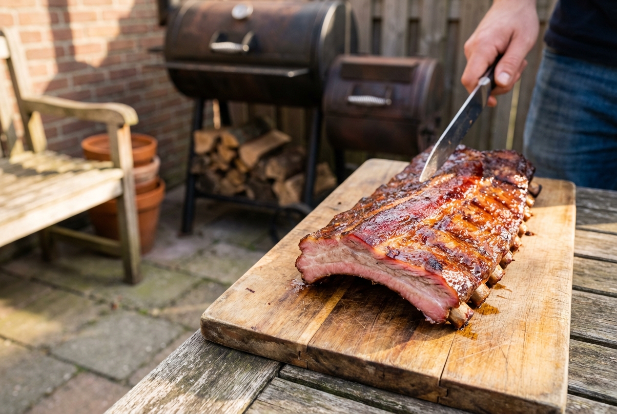 Perfect gegaarde spareribs van de BBQ