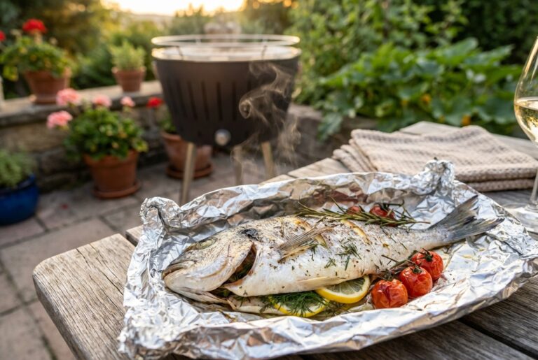 Dorade bereiden op de BBQ in aluminiumfolie